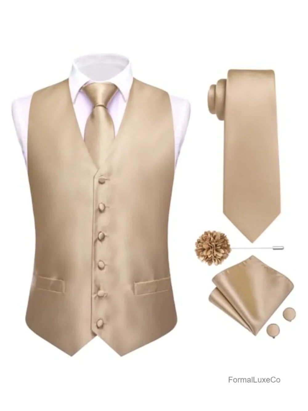 Silk & Polyester Men's Suit Vest with Tie, Pocket Square, Cufflinks, Lapel Pin
